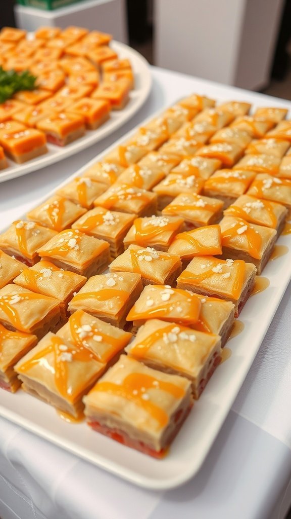 A platter of beautifully arranged baklava pieces drizzled with honey syrup.