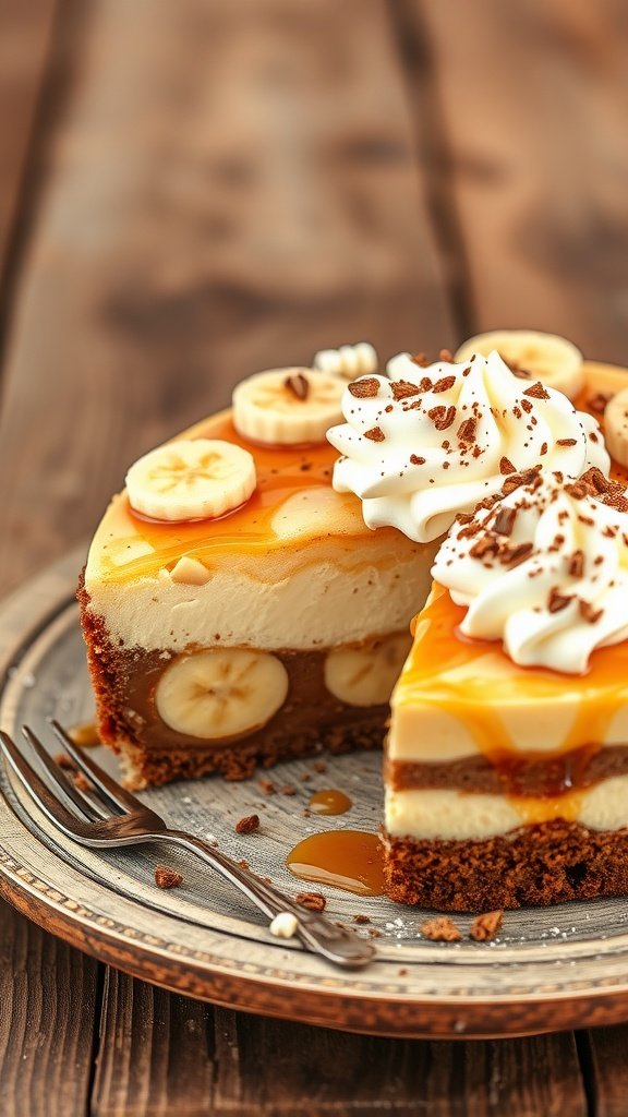 A delicious slice of banoffee pie with bananas, toffee, and whipped cream.