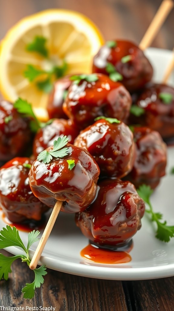 BBQ glazed meatballs on skewers topped with fresh herbs and served with lemon slices
