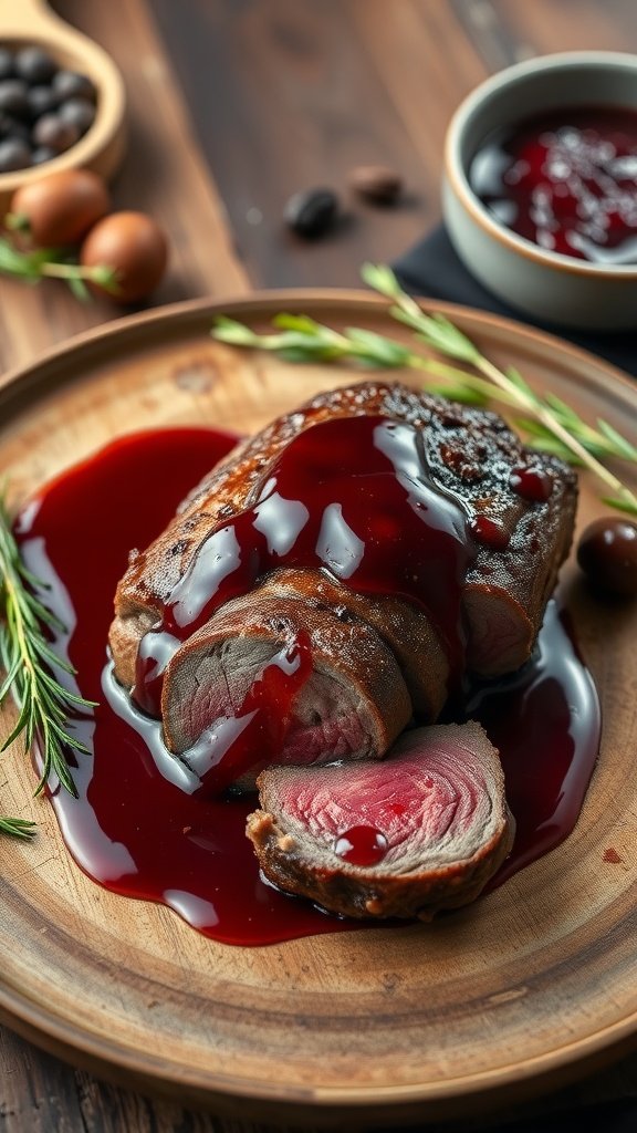 A beautifully cooked beef tenderloin with a rich red wine sauce, garnished with herbs.