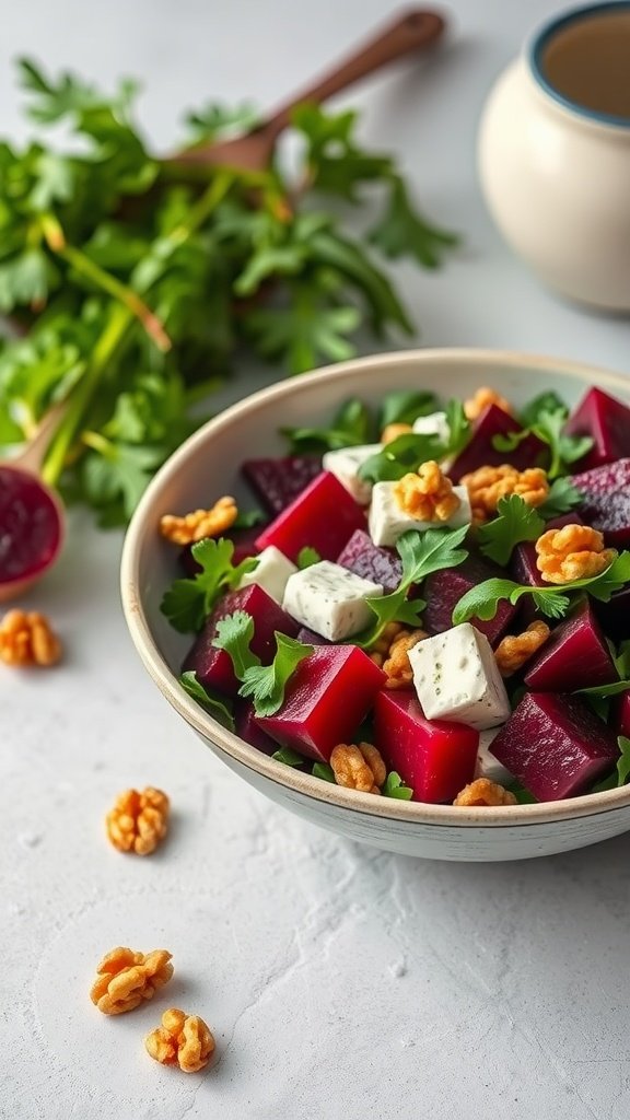 A vibrant Beetroot and Goat Cheese Salad with fresh greens and walnuts