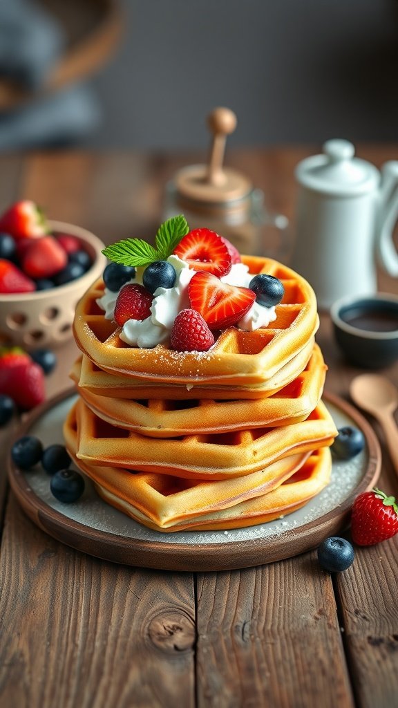 A stack of Belgian waffles topped with strawberries, blueberries, and whipped cream on a wooden table.