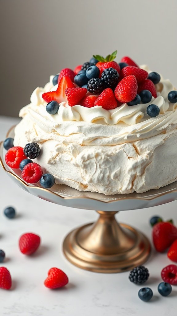 A beautiful Berry Pavlova topped with whipped cream and assorted fresh berries.