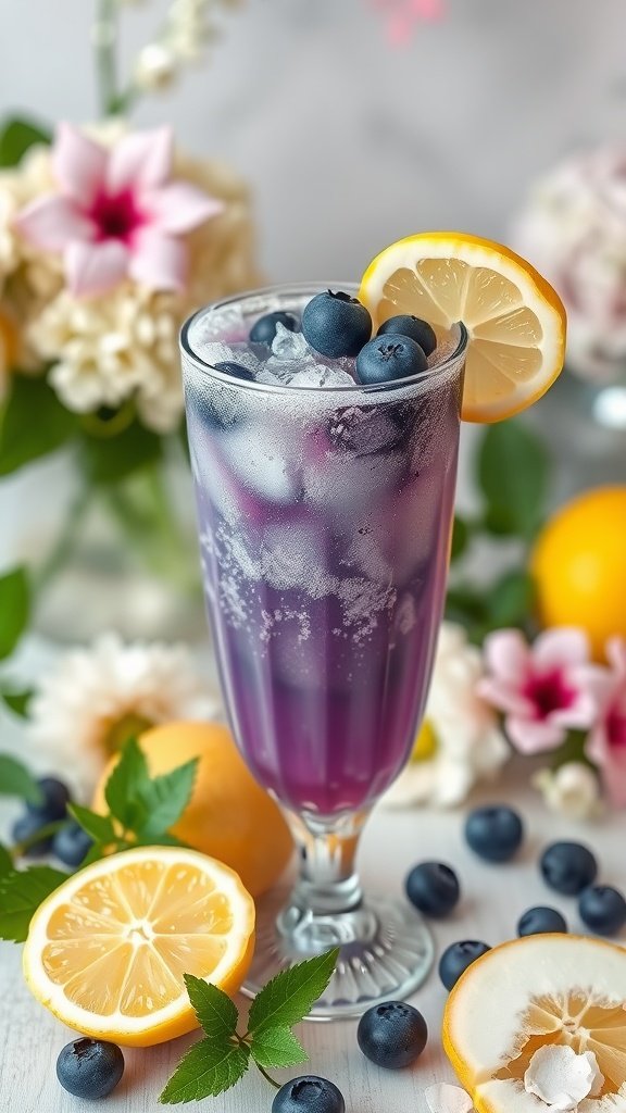 A refreshing Blueberry Lemonade Slush in a tall glass garnished with a slice of lemon and fresh blueberries.