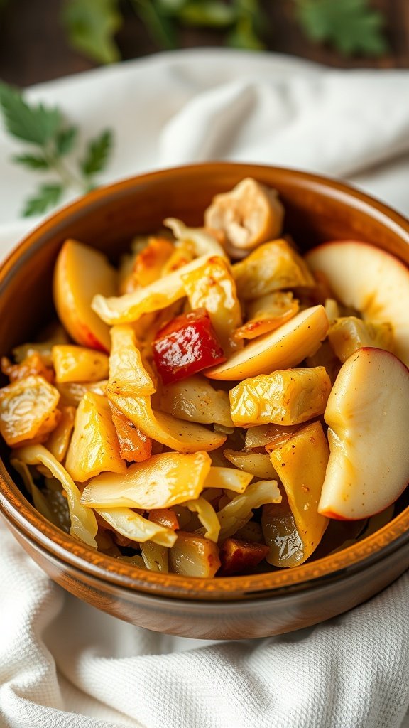 A bowl of braised cabbage with apples