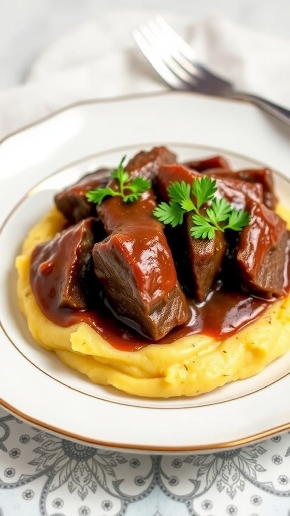Braised short ribs served on creamy polenta.