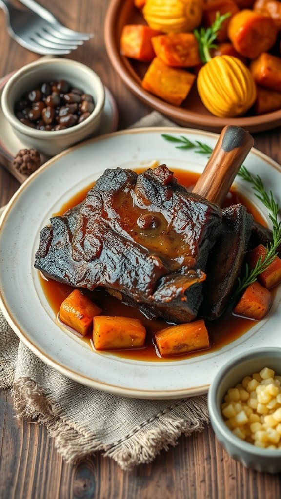 Braised short ribs served on a plate with root vegetables in rich sauce.