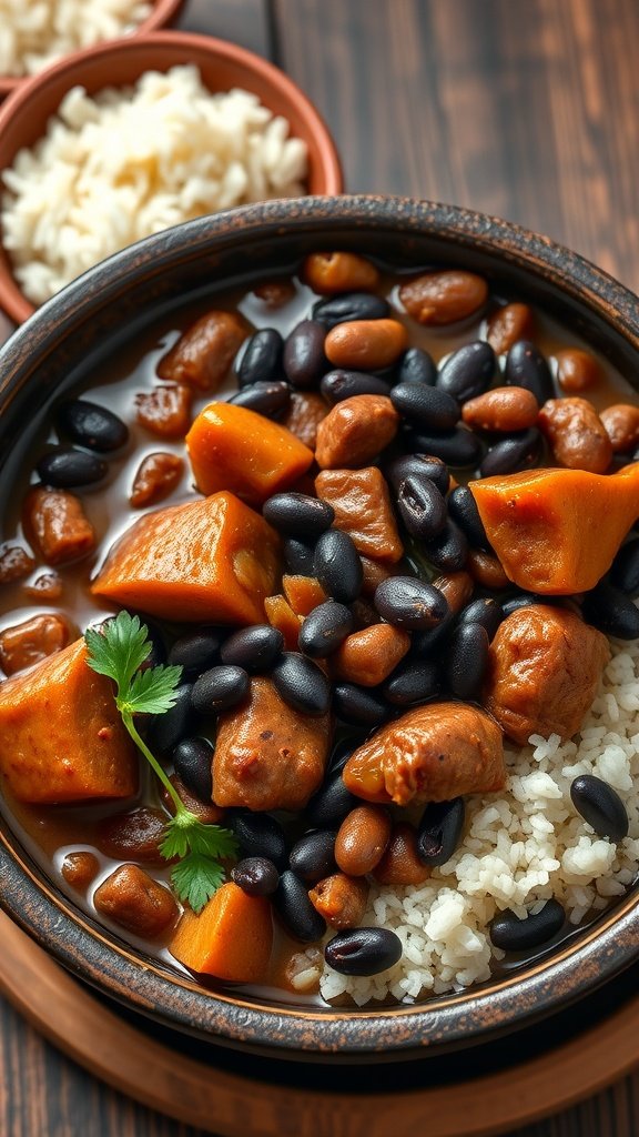 A hearty bowl of Brazilian Feijoada with black beans, meats, and rice, garnished with cilantro.