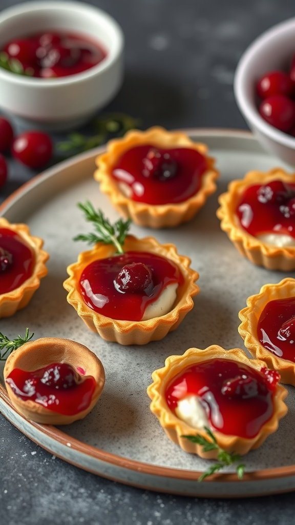 A plate of brie and cranberry tartlets, garnished with cranberries and herbs.