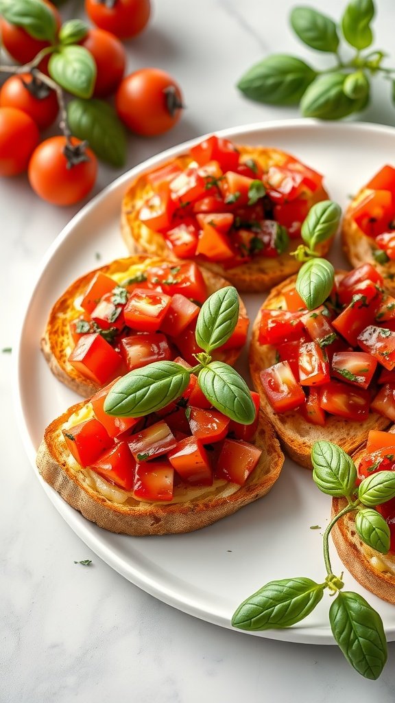 Bruschetta with fresh tomatoes and basil on toasted bread slices