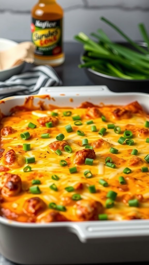 A delicious cheesy Buffalo Chicken Bake topped with green onions.