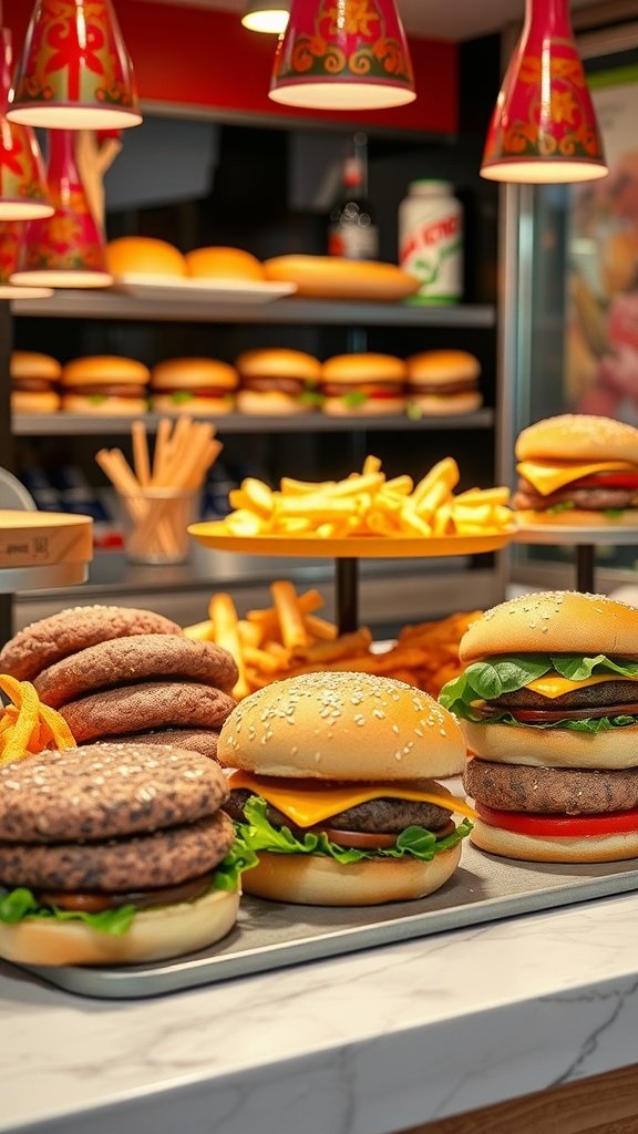 A delicious build-your-own burger station featuring patties, fresh buns, toppings, and fries.