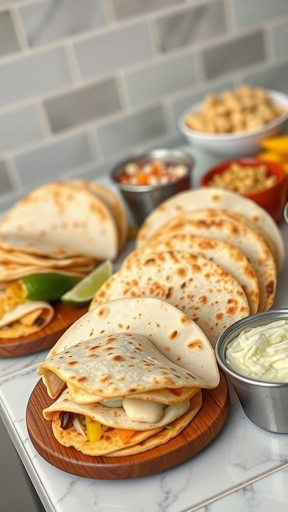 A delicious build-your-own quesadilla station with warm tortillas, assorted fillings, and toppings.