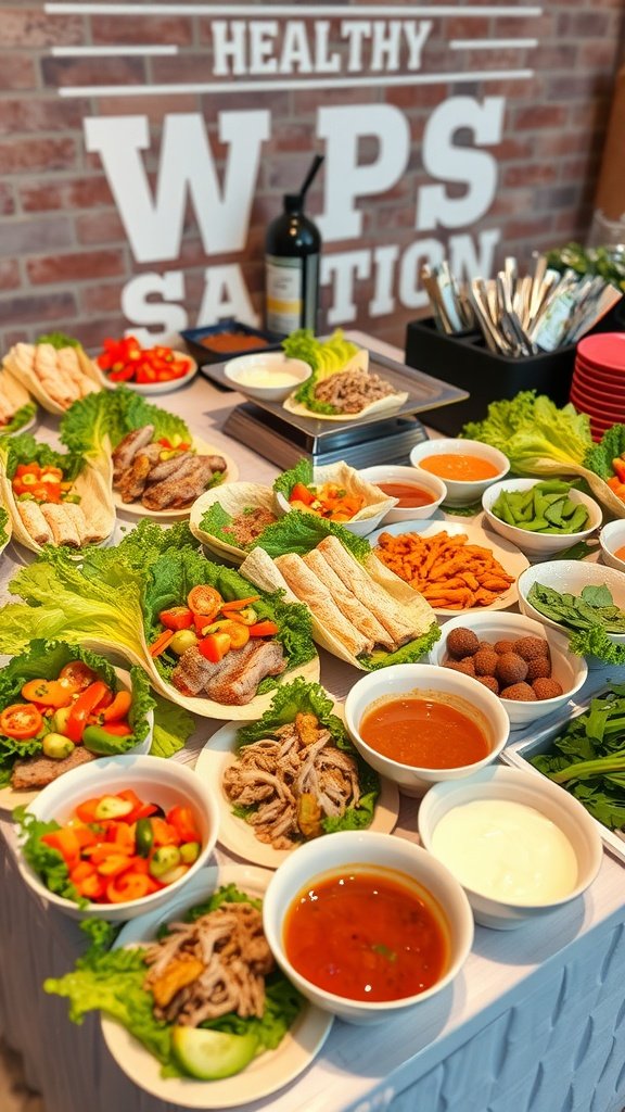 A vibrant Build-Your-Own Wraps Station with fresh ingredients and various wraps for guests to personalize their meals.