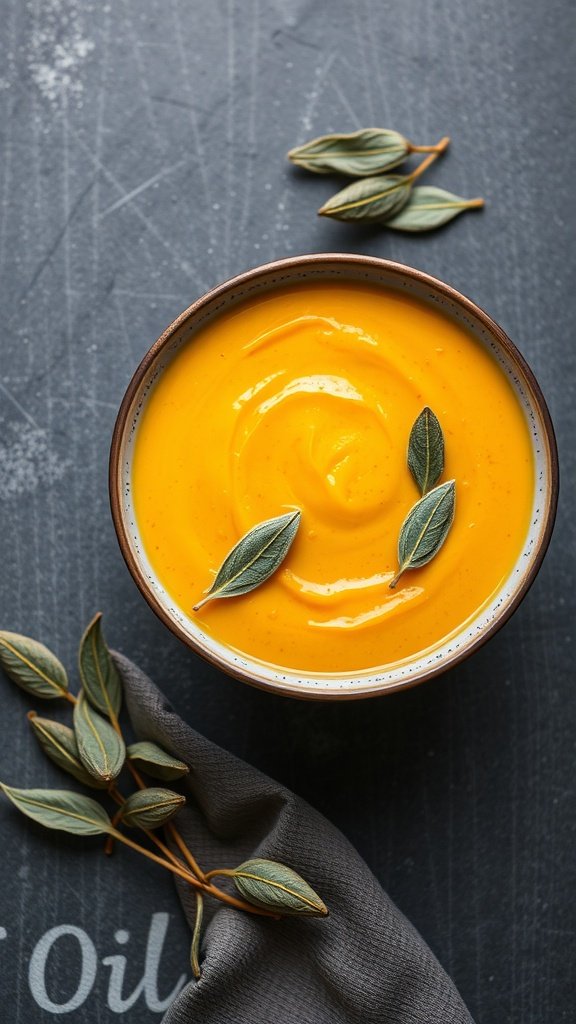 A bowl of creamy butternut squash soup garnished with sage leaves, surrounded by a dark cloth and sage sprigs.