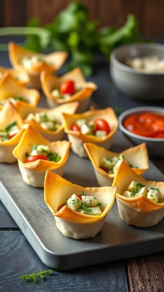 Caesar Salad Bites in Parmesan Cups on a platter with fresh ingredients and dips.
