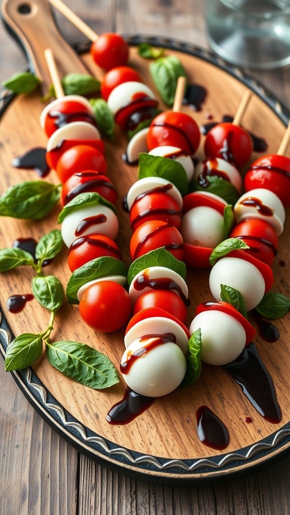 Caprese skewers with cherry tomatoes, mozzarella balls, and fresh basil, drizzled with balsamic glaze on a wooden platter.