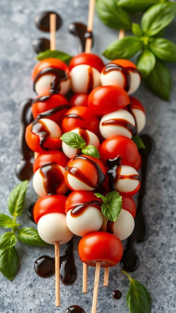 Caprese skewers with cherry tomatoes, mozzarella balls, and basil, drizzled with balsamic glaze.