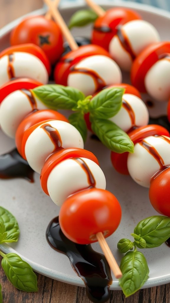 Caprese skewers with cherry tomatoes, mozzarella, and basil drizzled with balsamic reduction