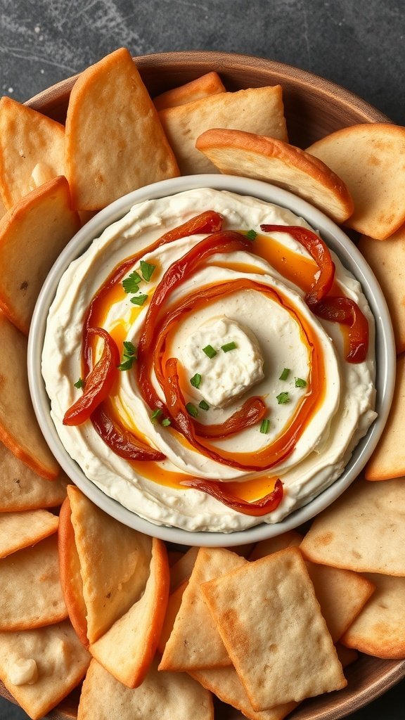 Creamy dip with caramelized onions and feta cheese served with crackers.