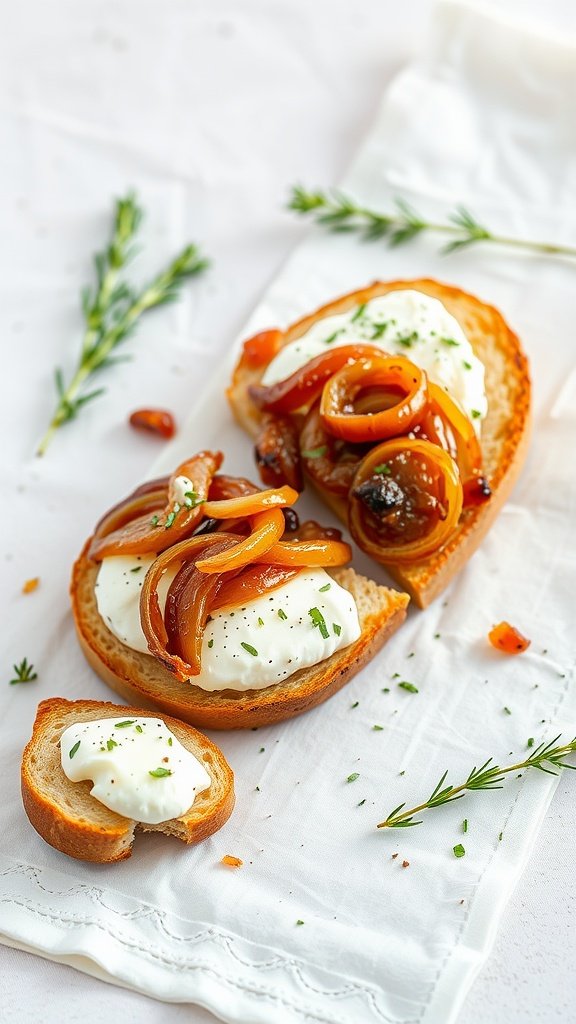 Caramelized onion and goat cheese crostini on a white napkin
