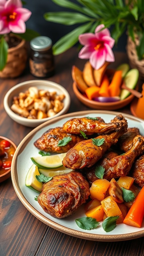 A plate of Caribbean Jerk Chicken with colorful vegetables and garnishes.