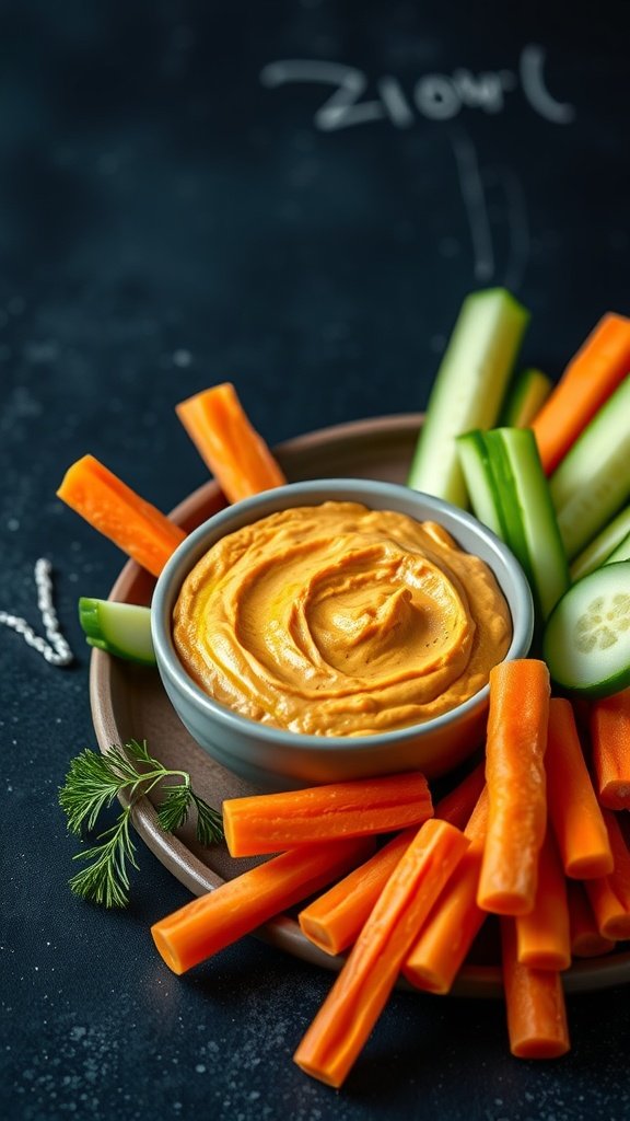 A platter of carrot and cucumber sticks arranged around a bowl of hummus, garnished with fresh herbs.