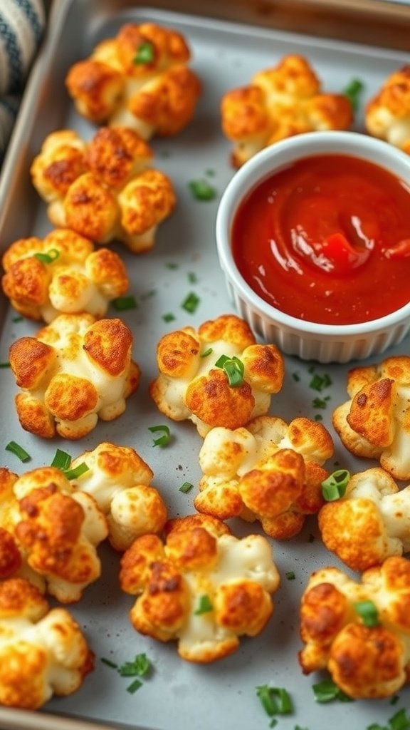 Golden-brown cauliflower pizza bites with marinara sauce
