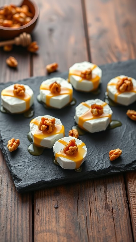Chèvre and honey bites topped with walnuts, served on a slate board.
