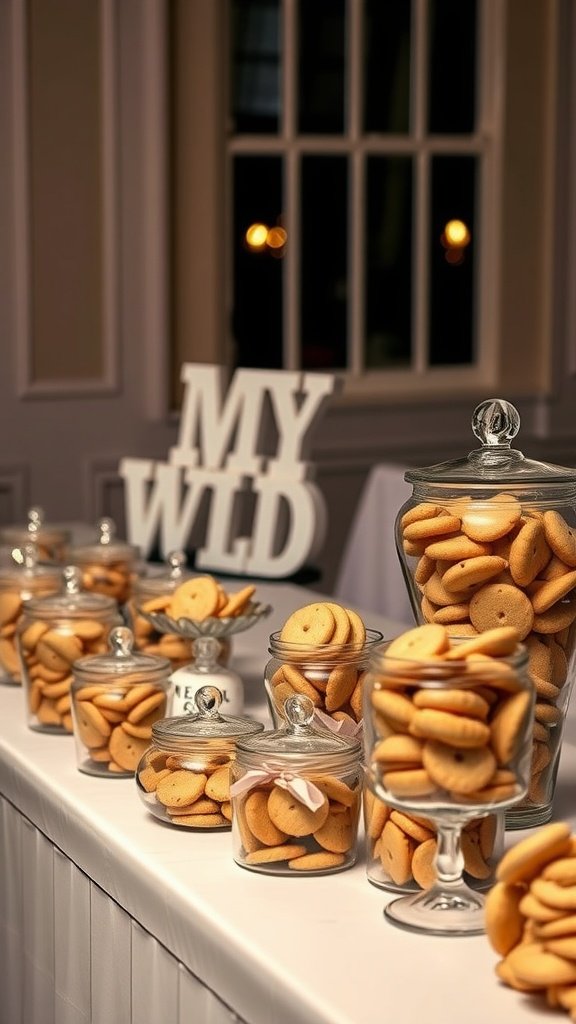 A beautifully arranged cookie table featuring assorted cookies in glass jars.