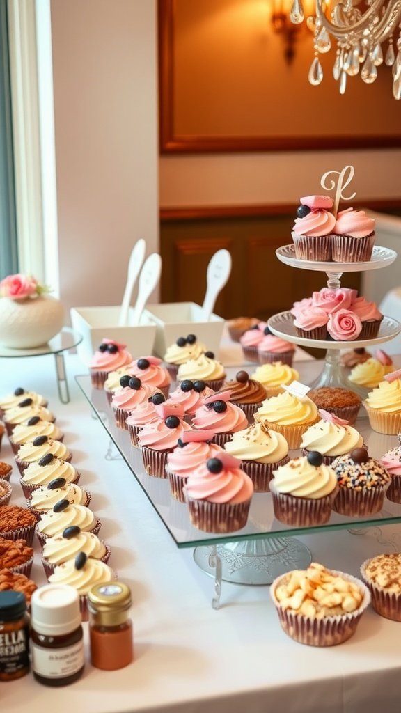 A charming display of assorted cupcakes at a wedding reception.