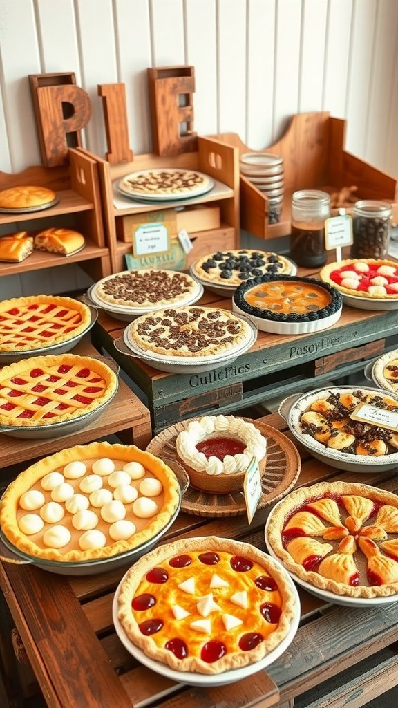 A beautiful display of various pies arranged on wooden tables with signs labeling the flavors.