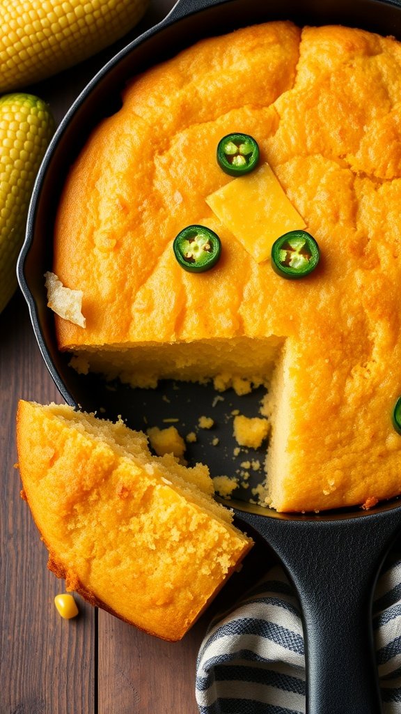 A slice of cheddar and jalapeño cornbread bake in a cast iron skillet with jalapeño slices on top.
