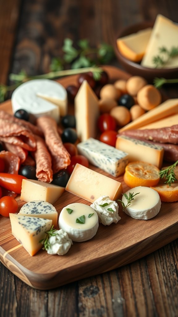 A wooden platter filled with various cheeses, meats, and garnishes, perfect for a wedding.