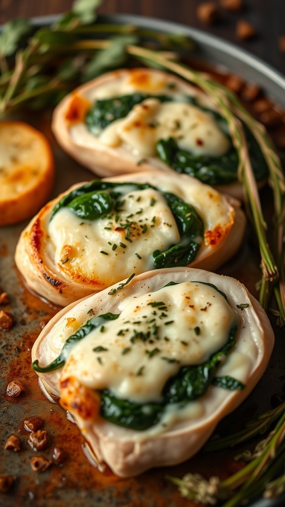 Cheese and spinach stuffed chicken breast with melted cheese on top