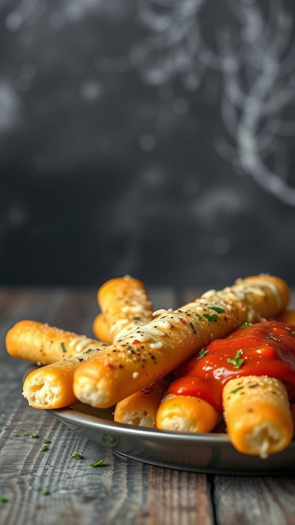 A plate of cheesy garlic breadsticks with marinara sauce.