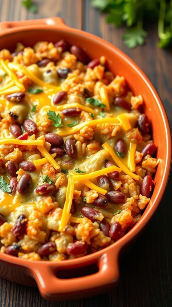 A delicious cheesy rice and bean casserole topped with shredded cheese and cilantro.
