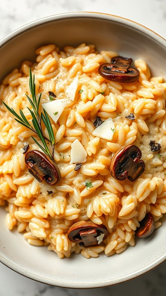 A creamy bowl of cheesy risotto with mushrooms, garnished with parsley.