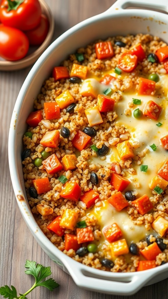 A delicious Cheesy Vegetable Quinoa Bake with colorful veggies and melted cheese.