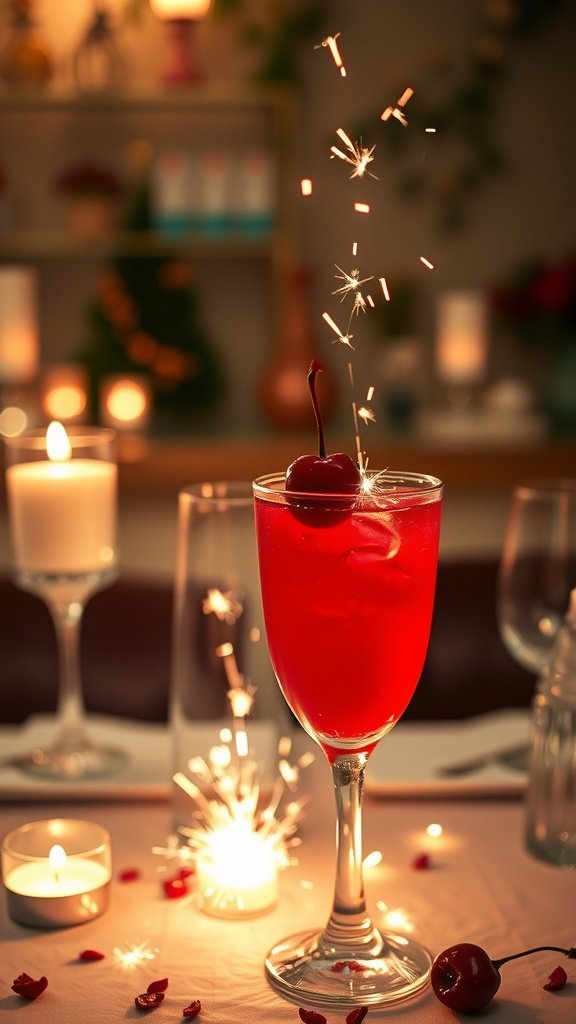 A bright red cocktail with a cherry garnish and sparkling elements, perfect for summer.