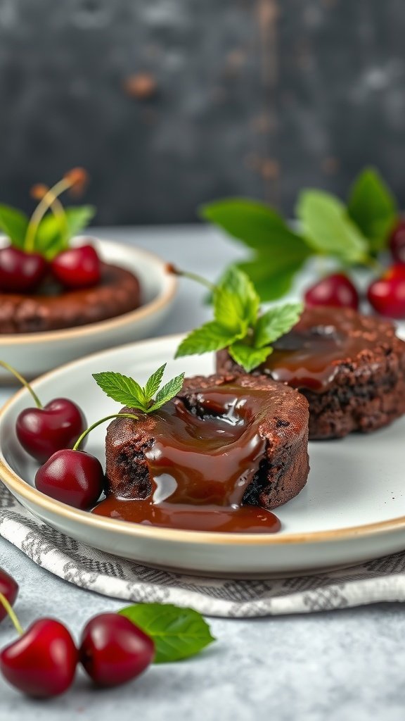 A close-up of two cherry chocolate lava cakes with a molten center, garnished with cherries and mint leaves.