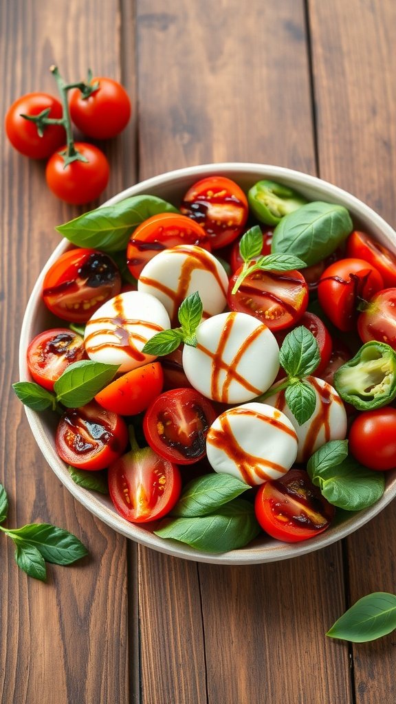 A vibrant bowl of cherry tomato and mozzarella salad with fresh basil leaves on a wooden table