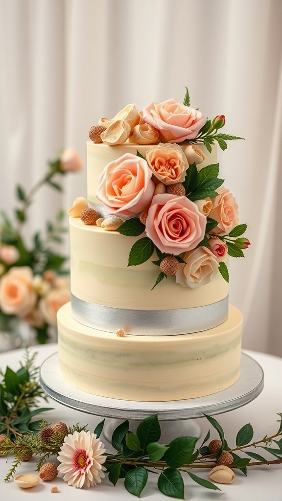 A beautifully decorated cake with pistachio and rose flavors, adorned with elegant flowers.
