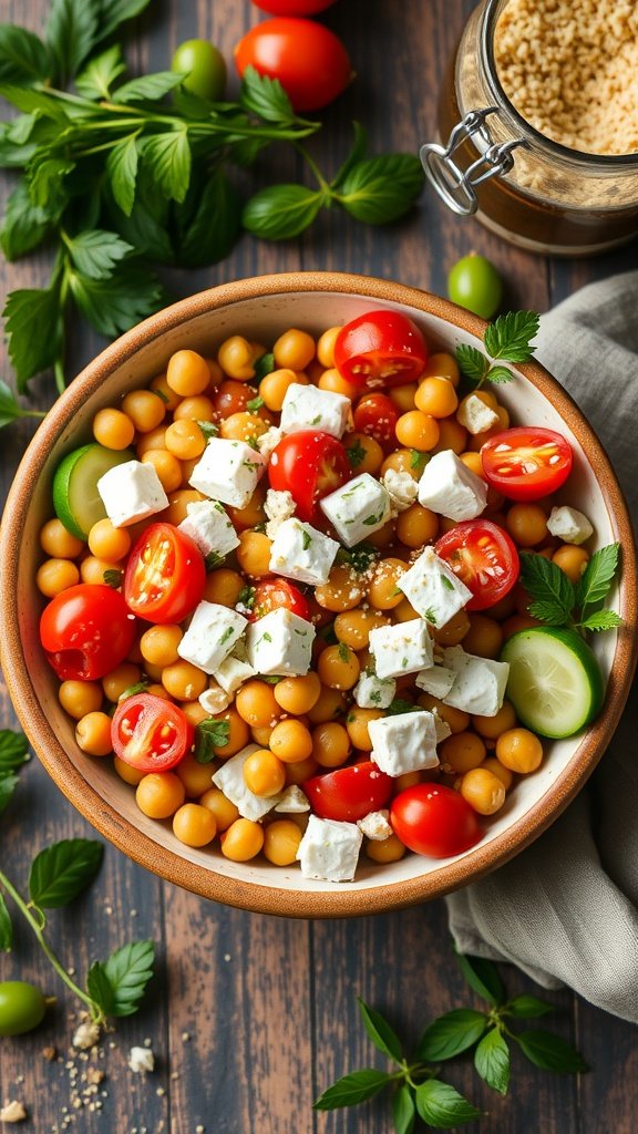 A vibrant chickpea salad with feta cheese, tomatoes, and herbs in a bowl.