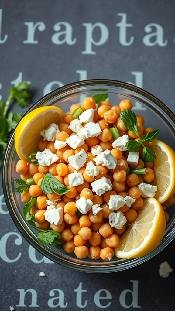 A bowl of chickpea salad with lemon and feta, garnished with lemon slices and parsley.