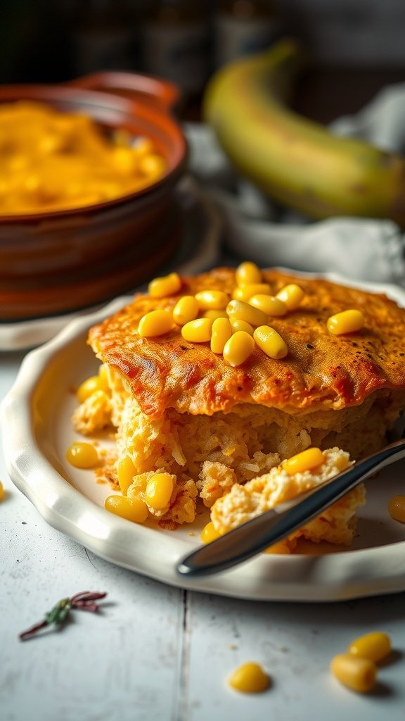 A serving of Chilean Pastel de Choclo, featuring a golden corn topping and a hearty filling, served with corn kernels on top.