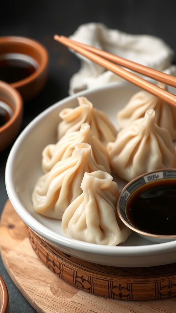 A plate of Chinese dumplings with soy sauce in the background