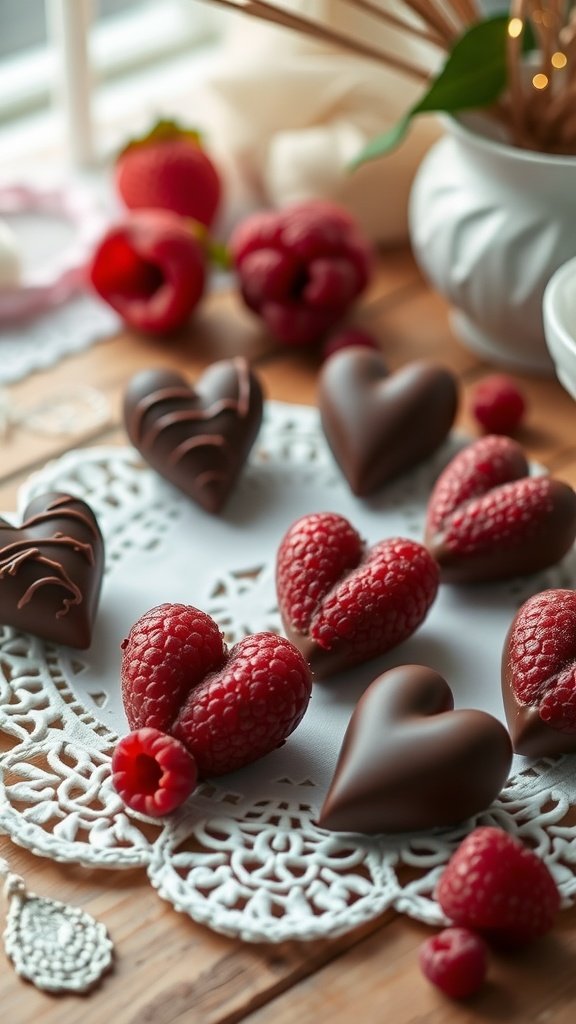 A display of chocolate-covered raspberry hearts arranged on a lace doily, surrounded by fresh raspberries.
