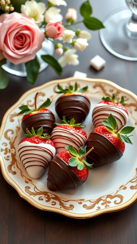 A plate of elegantly arranged chocolate-dipped strawberries with pink roses in the background.