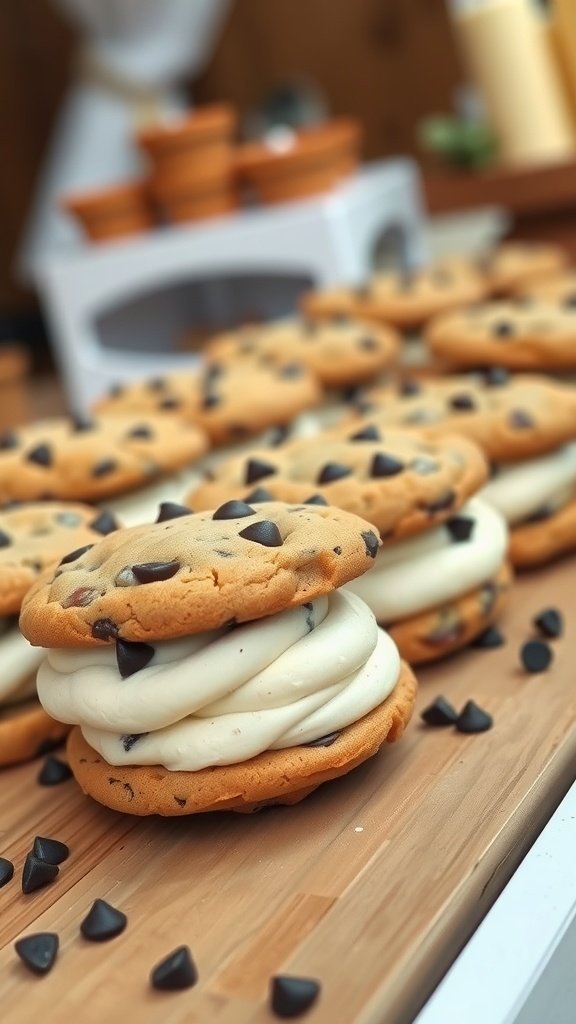 Chocolate chip cookie sandwiches with creamy filling